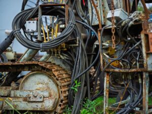 Close Up De Maquinas Industriais Com Fios E Trilhos Emaranhados MDcbbCP7s4Y
