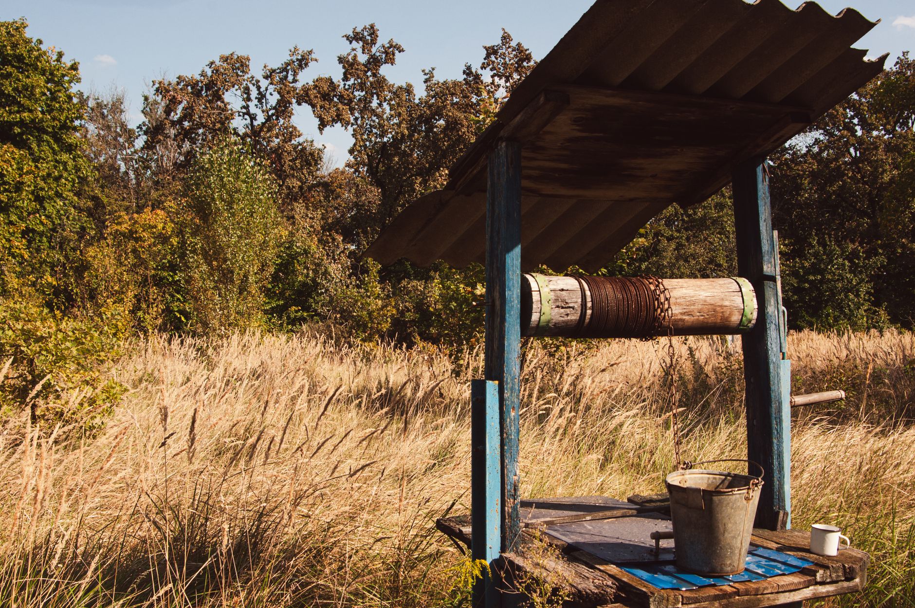 Old well with bucket in a grassy field, surrounded by trees under a clear sky.