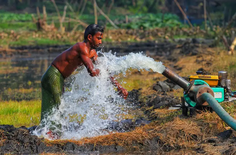 A man skillfully manages a water pump to irrigate a rural field, showcasing traditional farming techniques.