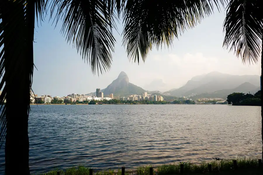 Panoramic view of Pedra da Gávea framed by palm trees in Rio de Janeiro, Brazil.