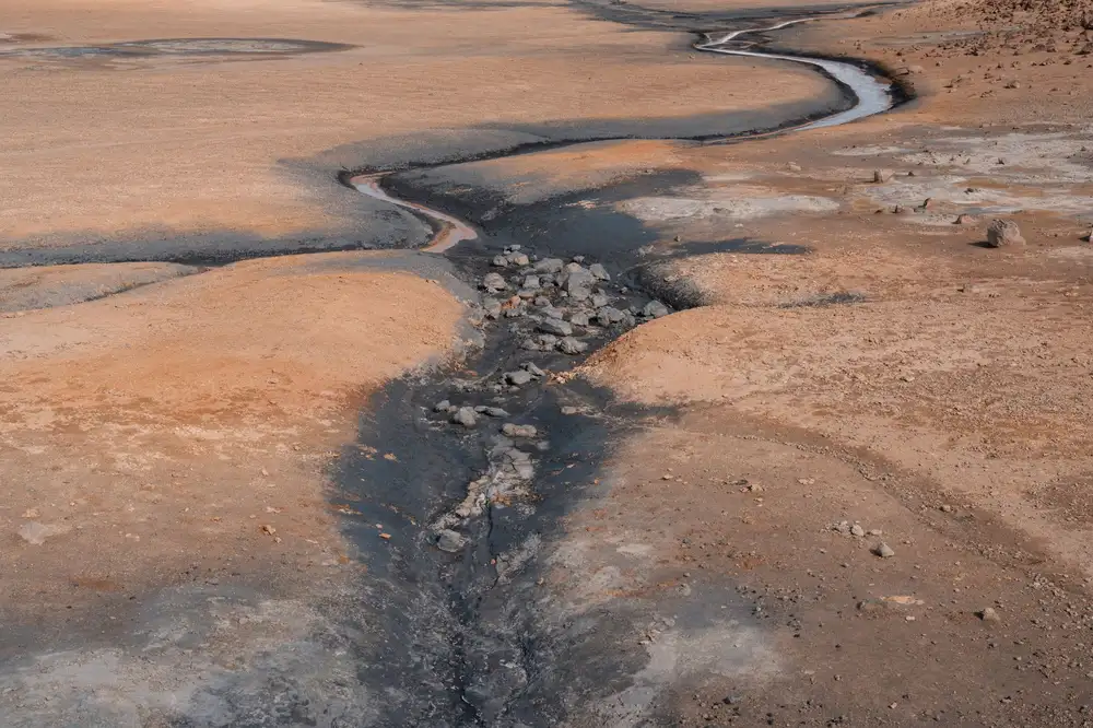 Aerial view of a geothermal landscape with winding river in Iceland.